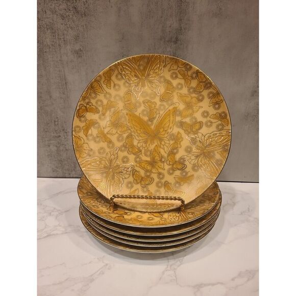 Dorothy C Thorpe VTG Porcelain Salad Plates Gold w/Butterflies- Set of (6) 7.75" - Picture 3 of 14